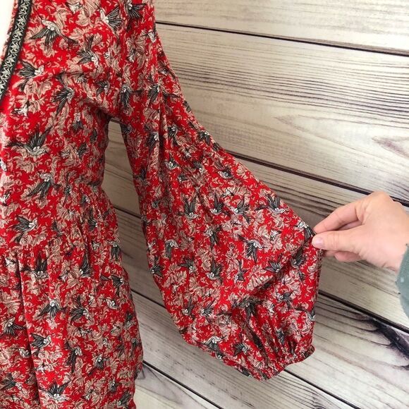 Ivy Jane Red Floral Bird Print Low Cut Long Sleeve Blouse Small - Picture 3 of 6